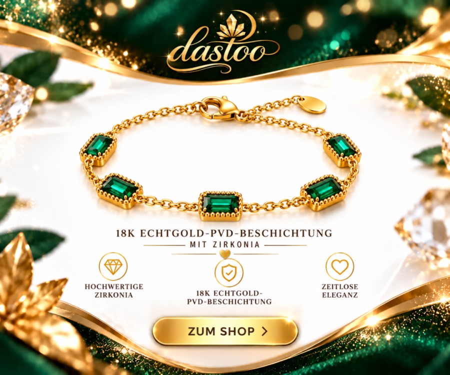 Dieses elegante Armband von Dastoo kombiniert eine feine goldfarbene Gliederkette mit fünf rechteckigen grünen Zirkonia. Die 18K Echtgold-PVD-Beschichtung verleiht dem Schmuckstück einen edlen Glanz.